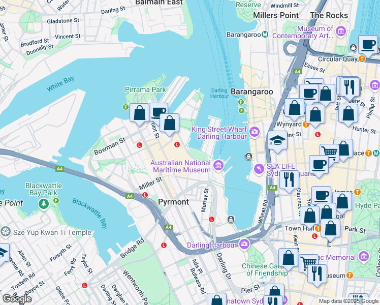 map of restaurants, bars, coffee shops, grocery stores, and more near 44 Pirrama Road in Pyrmont