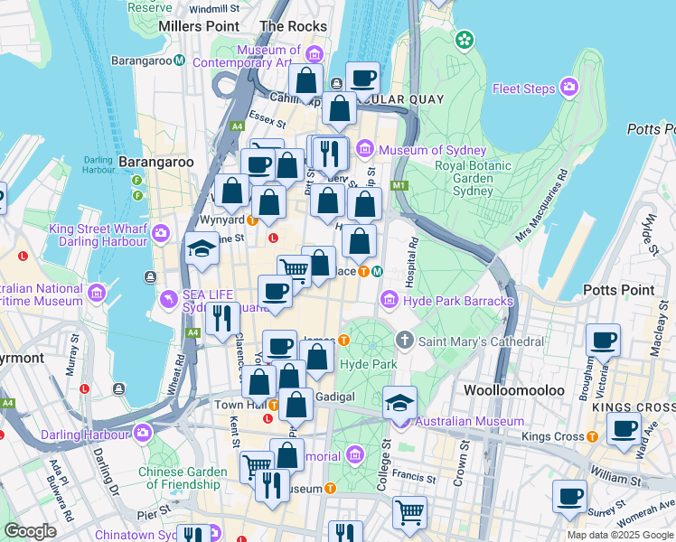 map of restaurants, bars, coffee shops, grocery stores, and more near 39 Martin Place in Sydney