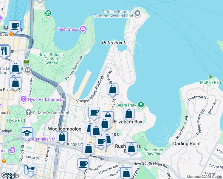 map of restaurants, bars, coffee shops, grocery stores, and more near 4 McDonald Street in Potts Point