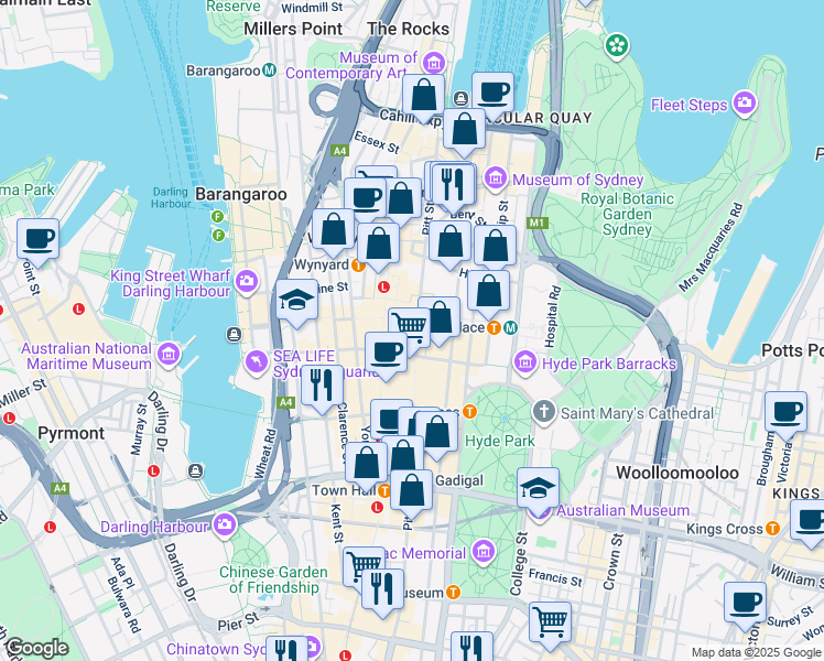 map of restaurants, bars, coffee shops, grocery stores, and more near 1 Martin Place in Sydney