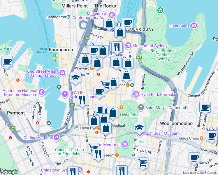map of restaurants, bars, coffee shops, grocery stores, and more near 122 Pitt Street in Sydney