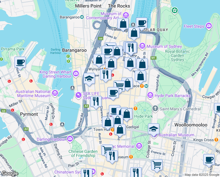 map of restaurants, bars, coffee shops, grocery stores, and more near 363 George Street in Sydney