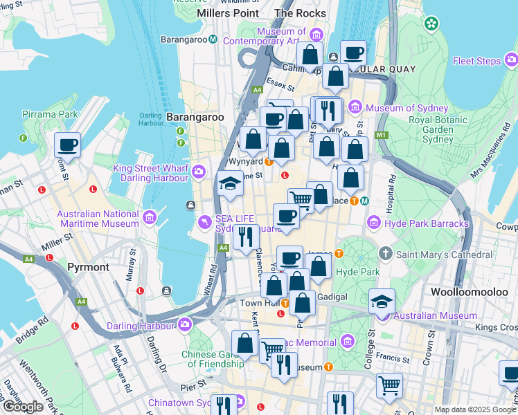 map of restaurants, bars, coffee shops, grocery stores, and more near 104 Clarence Street in Sydney