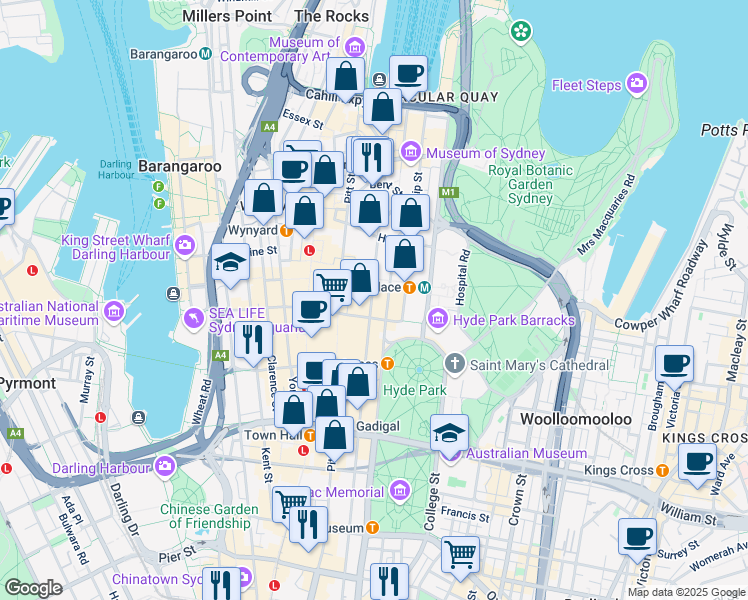 map of restaurants, bars, coffee shops, grocery stores, and more near 60 Castlereagh Street in Sydney