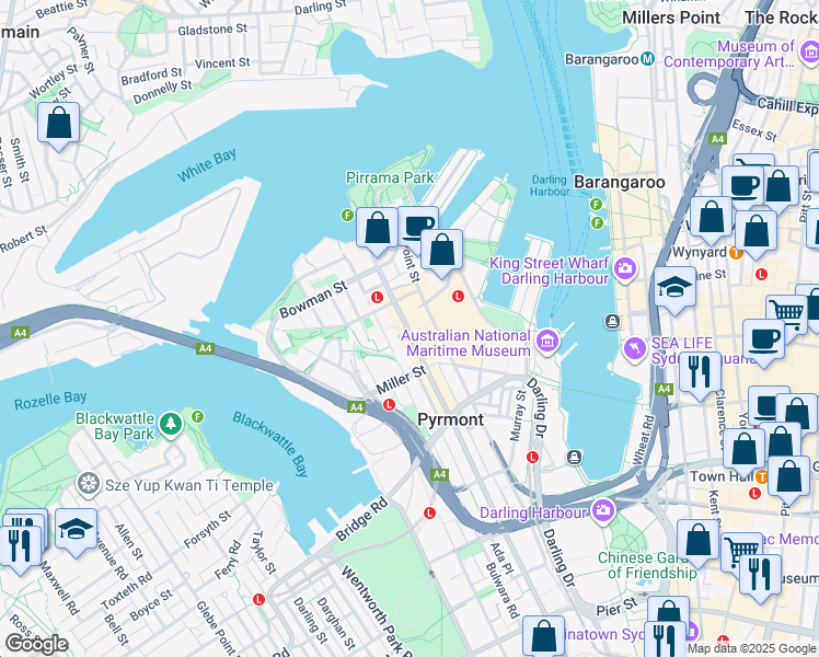 map of restaurants, bars, coffee shops, grocery stores, and more near 90 Harris Street in Pyrmont