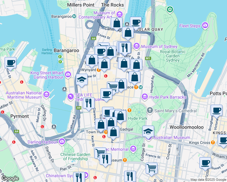 map of restaurants, bars, coffee shops, grocery stores, and more near 175 Pitt Street in Sydney