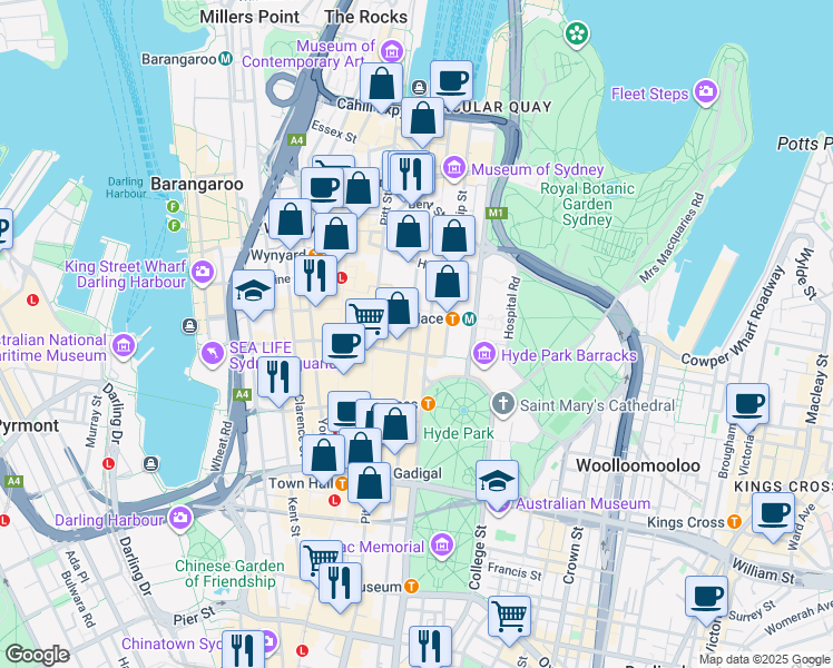 map of restaurants, bars, coffee shops, grocery stores, and more near 60 Castlereagh Street in Sydney