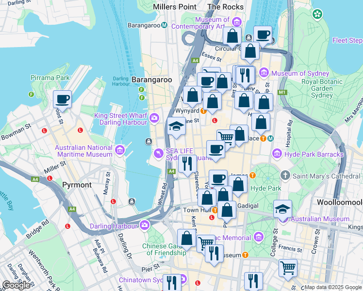 map of restaurants, bars, coffee shops, grocery stores, and more near 347 Kent Street in Sydney