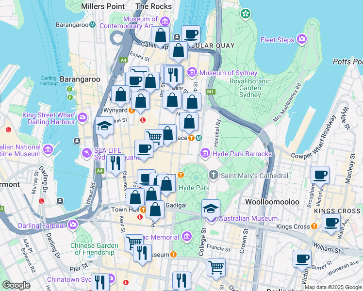 map of restaurants, bars, coffee shops, grocery stores, and more near 72 Elizabeth Street in Sydney