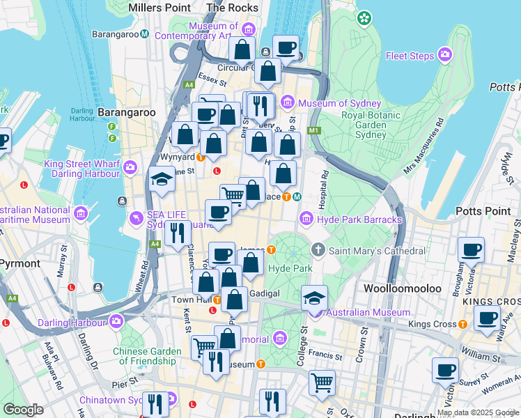 map of restaurants, bars, coffee shops, grocery stores, and more near 60 Castlereagh Street in Sydney