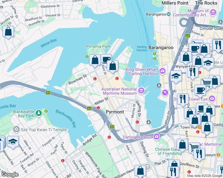 map of restaurants, bars, coffee shops, grocery stores, and more near in Pyrmont