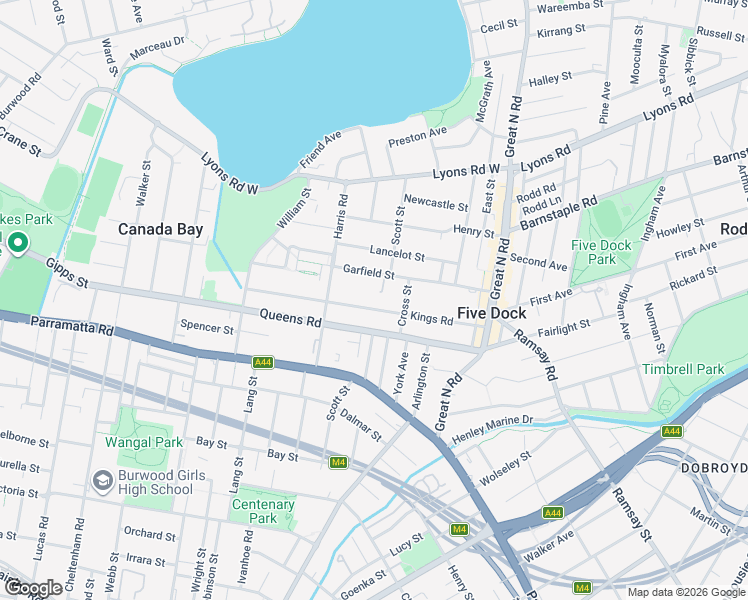 map of restaurants, bars, coffee shops, grocery stores, and more near 62 Kings Road in Five Dock