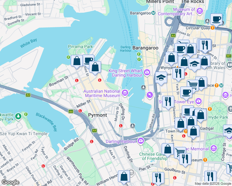 map of restaurants, bars, coffee shops, grocery stores, and more near 50A Pirrama Road in Pyrmont