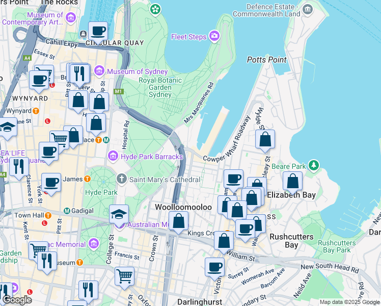 map of restaurants, bars, coffee shops, grocery stores, and more near 7 Cowper Wharf Roadway in Woolloomooloo