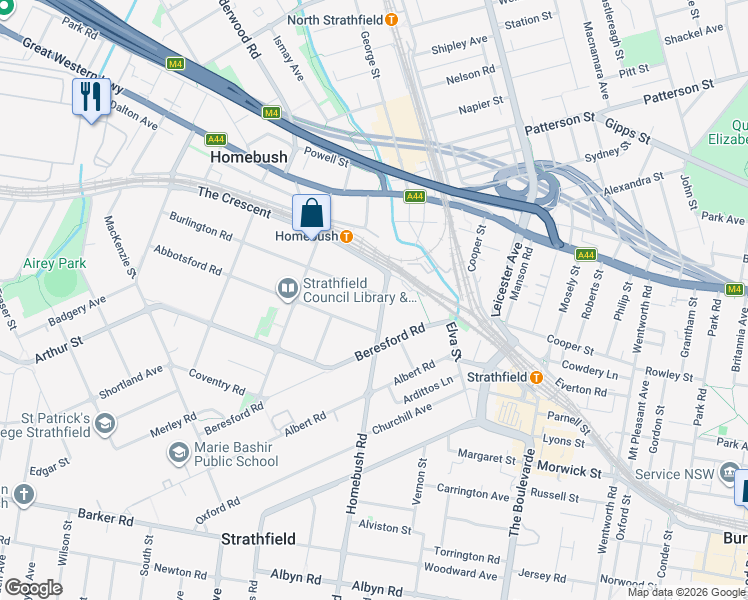 map of restaurants, bars, coffee shops, grocery stores, and more near 7-9 Homebush Road in Strathfield