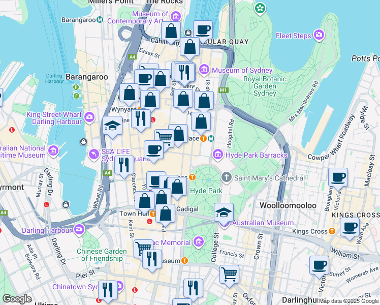map of restaurants, bars, coffee shops, grocery stores, and more near 75 Elizabeth Street in Sydney