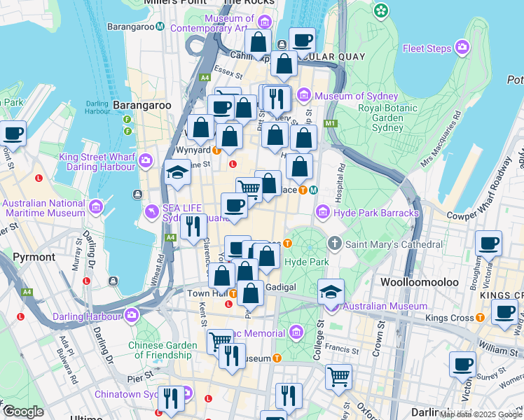 map of restaurants, bars, coffee shops, grocery stores, and more near 135 King Street in Sydney