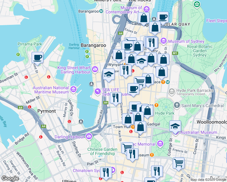map of restaurants, bars, coffee shops, grocery stores, and more near 355 Kent Street in Sydney