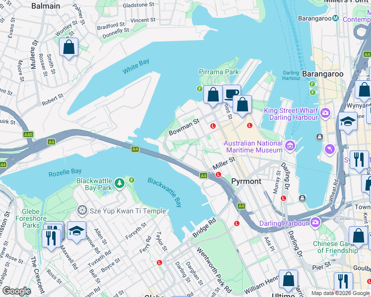 map of restaurants, bars, coffee shops, grocery stores, and more near 2 Quarry Master Drive in Pyrmont