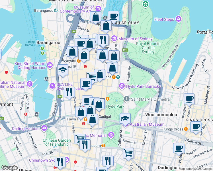 map of restaurants, bars, coffee shops, grocery stores, and more near 75 Elizabeth Street in Sydney