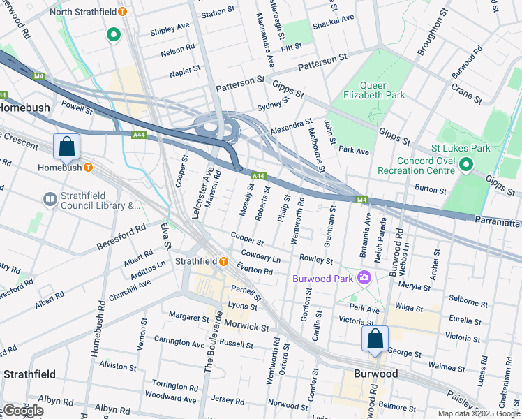 map of restaurants, bars, coffee shops, grocery stores, and more near Roberts Street in Strathfield