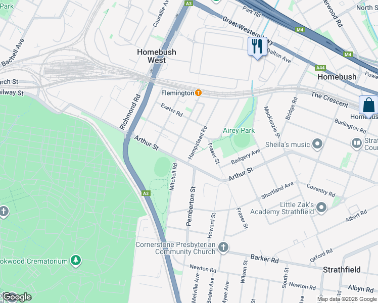 map of restaurants, bars, coffee shops, grocery stores, and more near 47-53 Hampstead Road in Homebush West