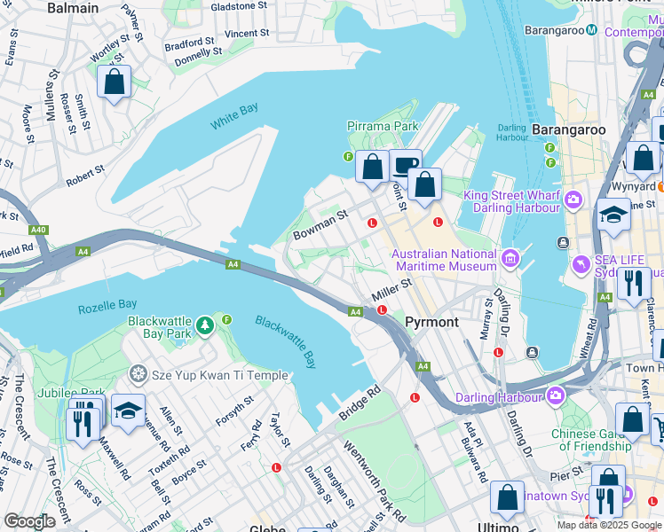 map of restaurants, bars, coffee shops, grocery stores, and more near 38 Saunders Street in Pyrmont