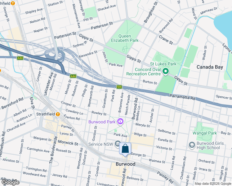 map of restaurants, bars, coffee shops, grocery stores, and more near 6 Park Road in Burwood