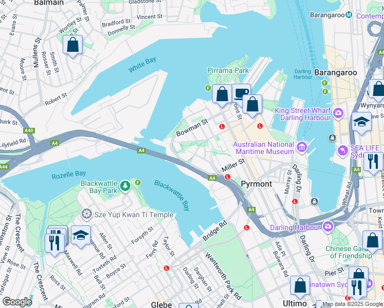 map of restaurants, bars, coffee shops, grocery stores, and more near 120 Saunders Street in Pyrmont