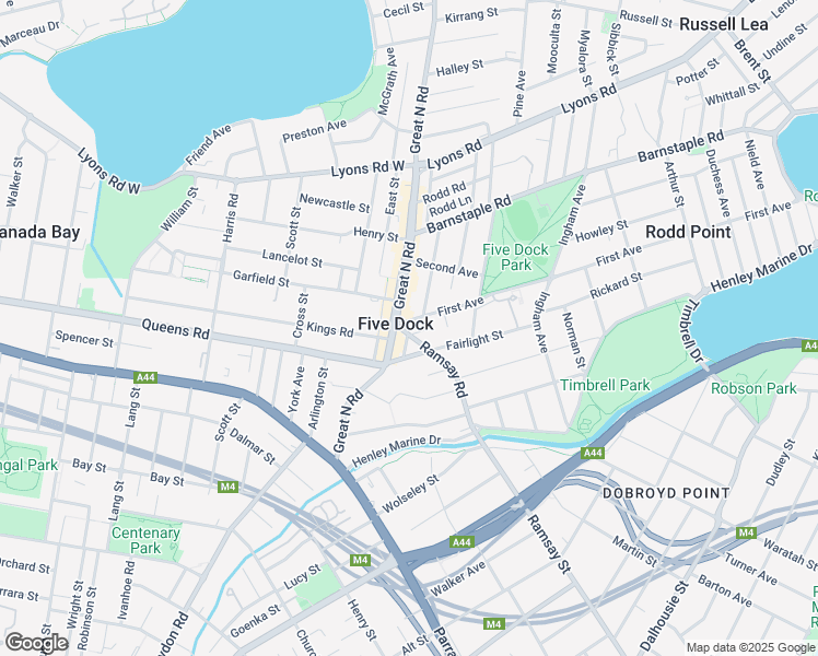 map of restaurants, bars, coffee shops, grocery stores, and more near 185 First Avenue in Five Dock