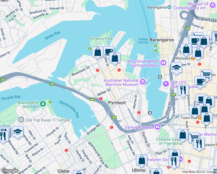 map of restaurants, bars, coffee shops, grocery stores, and more near 101 Harris Street in Pyrmont