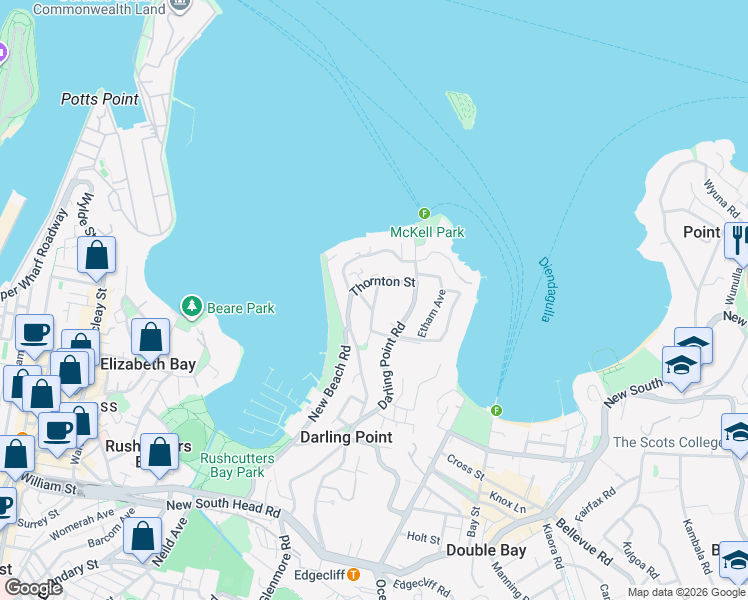 map of restaurants, bars, coffee shops, grocery stores, and more near 2 Bennett Avenue in Darling Point