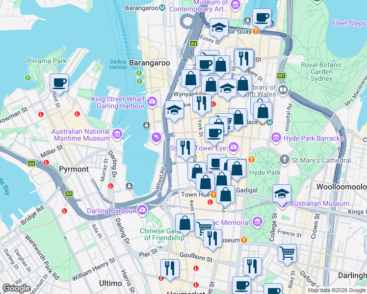map of restaurants, bars, coffee shops, grocery stores, and more near 383 Kent Street in Sydney