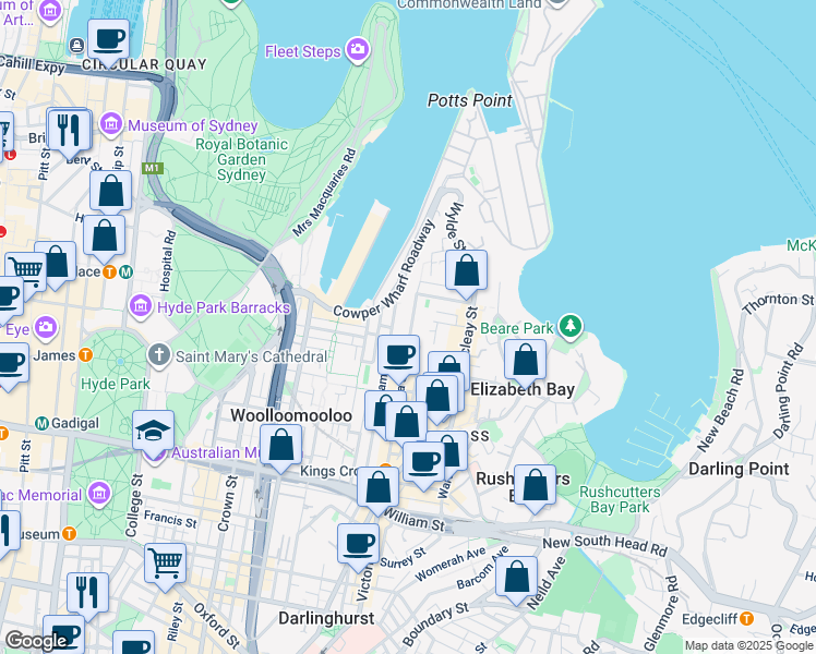 map of restaurants, bars, coffee shops, grocery stores, and more near 71 Victoria Street in Potts Point