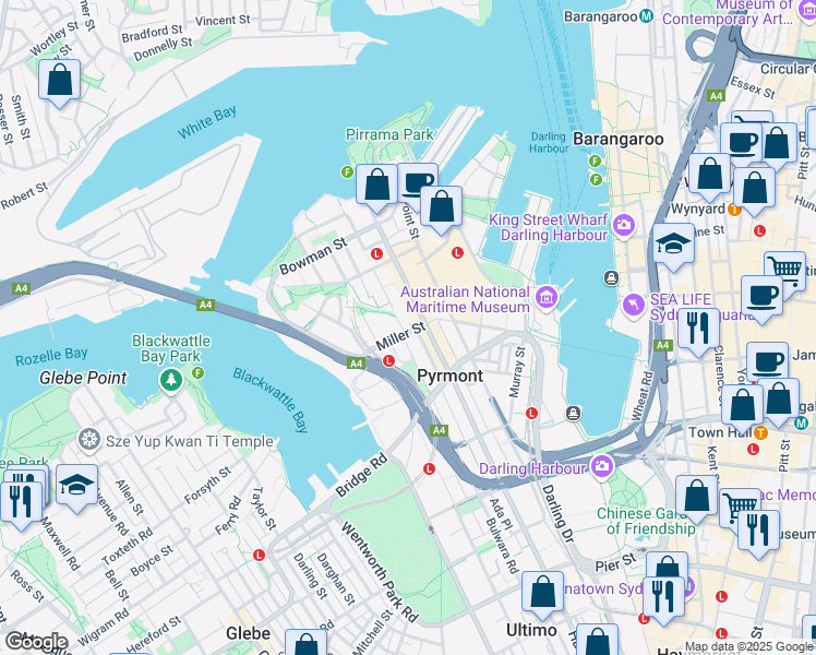 map of restaurants, bars, coffee shops, grocery stores, and more near 108 Miller Street in Pyrmont