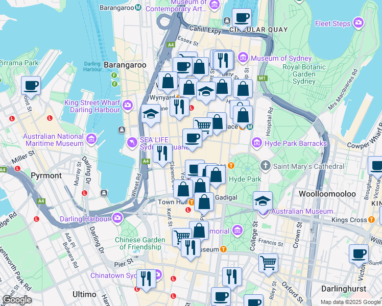 map of restaurants, bars, coffee shops, grocery stores, and more near 420 George Street in Sydney