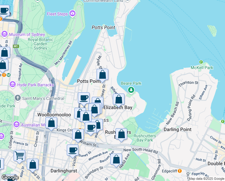 map of restaurants, bars, coffee shops, grocery stores, and more near 1A Billyard Avenue in Elizabeth Bay