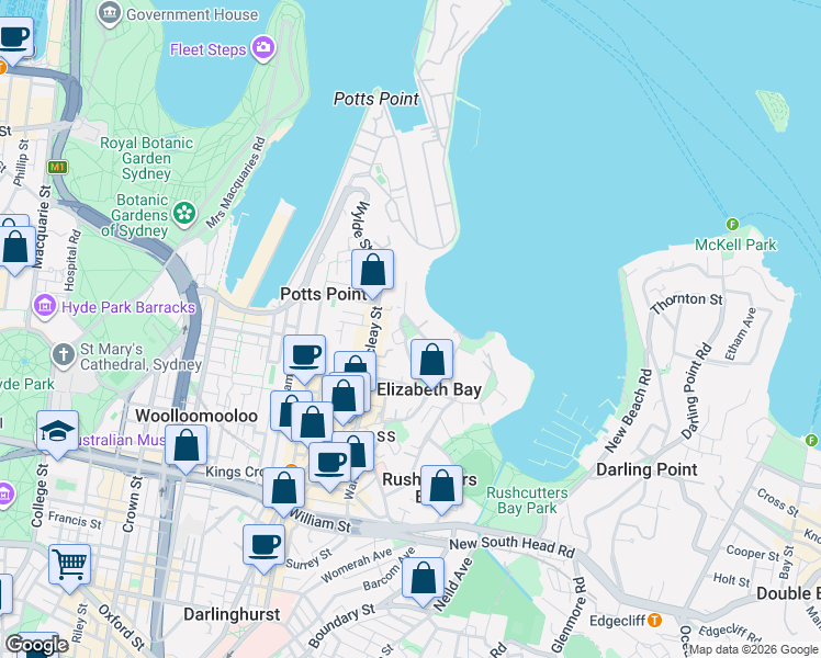 map of restaurants, bars, coffee shops, grocery stores, and more near 1A Billyard Avenue in Elizabeth Bay