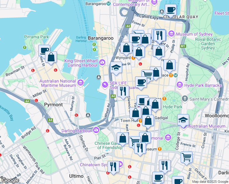 map of restaurants, bars, coffee shops, grocery stores, and more near 161 Sussex Street in Sydney