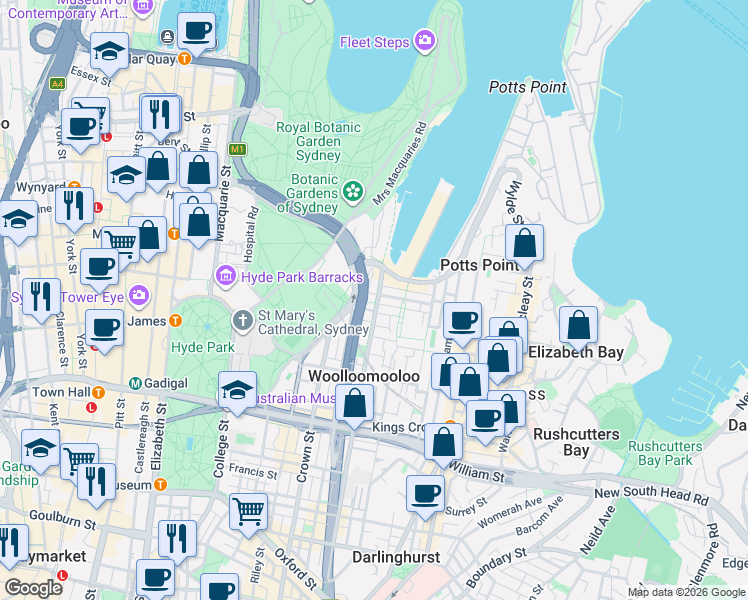 map of restaurants, bars, coffee shops, grocery stores, and more near 3 Bourke Street in Woolloomooloo