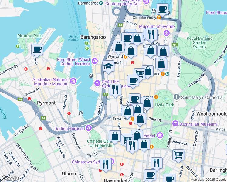 map of restaurants, bars, coffee shops, grocery stores, and more near 383 Kent Street in Sydney