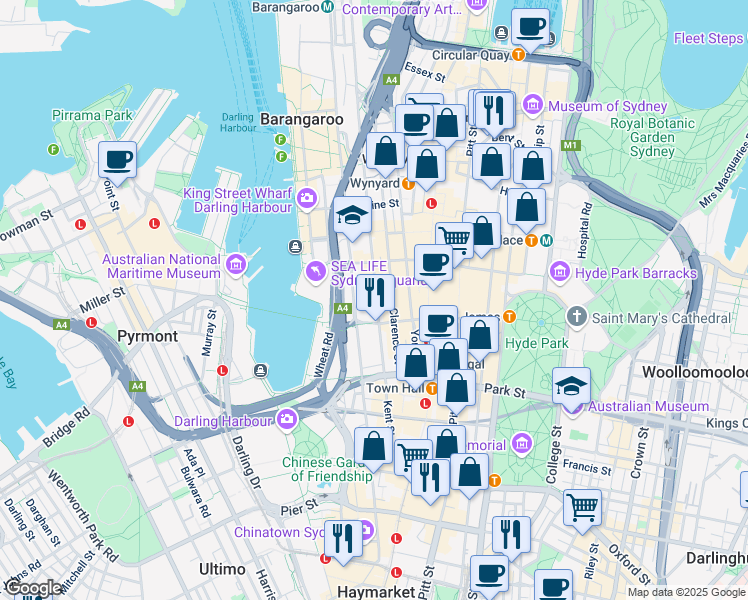 map of restaurants, bars, coffee shops, grocery stores, and more near 383 Kent Street in Sydney