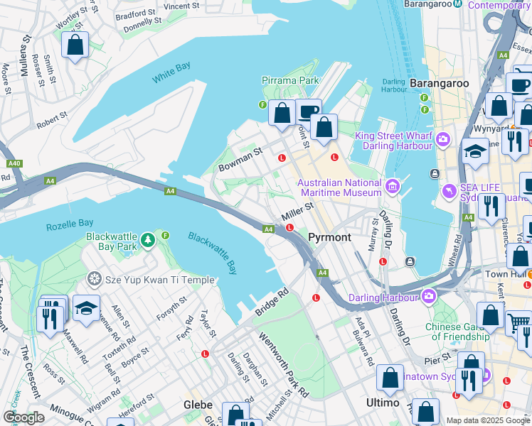 map of restaurants, bars, coffee shops, grocery stores, and more near 1 Saunders Street in Pyrmont