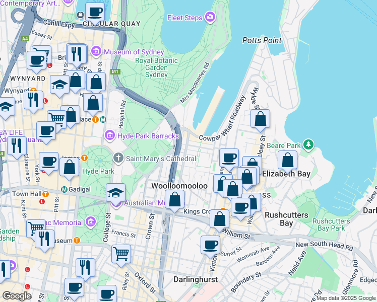 map of restaurants, bars, coffee shops, grocery stores, and more near 19 Forbes Street in Woolloomooloo