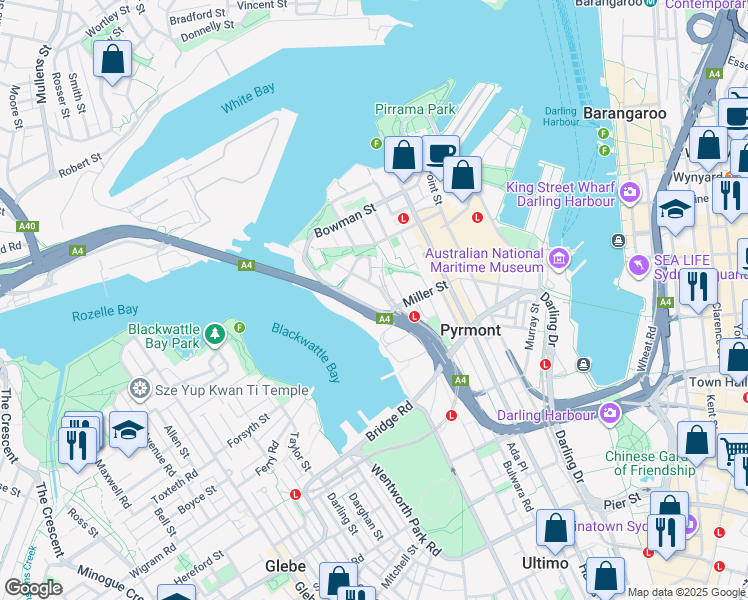 map of restaurants, bars, coffee shops, grocery stores, and more near 1 Saunders Street in Pyrmont