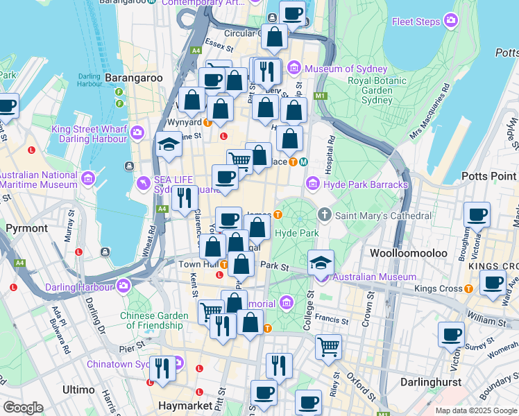 map of restaurants, bars, coffee shops, grocery stores, and more near 188 Pitt Street in Sydney