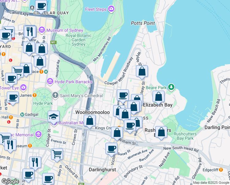 map of restaurants, bars, coffee shops, grocery stores, and more near 88 Dowling Street in Woolloomooloo