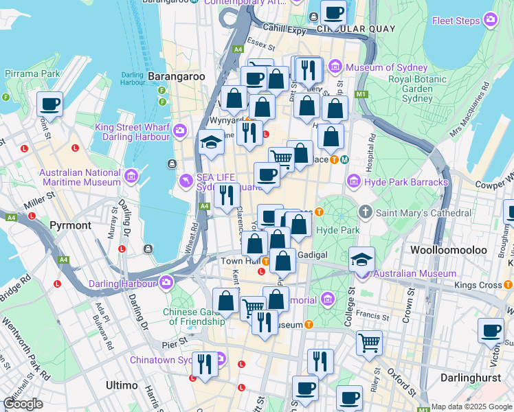 map of restaurants, bars, coffee shops, grocery stores, and more near 68 York Street in Sydney
