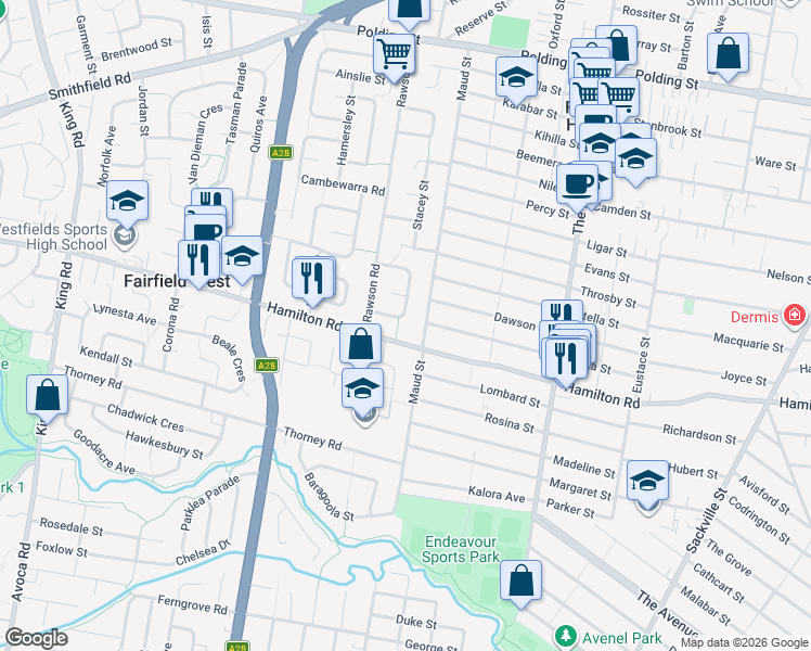 map of restaurants, bars, coffee shops, grocery stores, and more near 38 Garran Street in Fairfield West