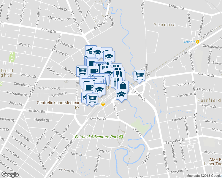 map of restaurants, bars, coffee shops, grocery stores, and more near 24-28 Court Road in Fairfield